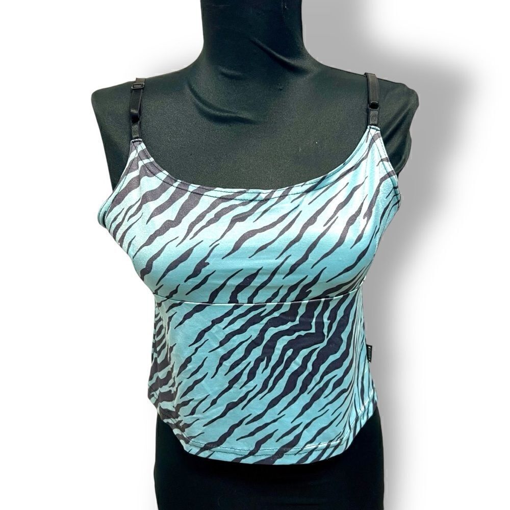 NWOT vintage 90’s Serious Clothing black blue tiger stripe tank szM. Stretchy.